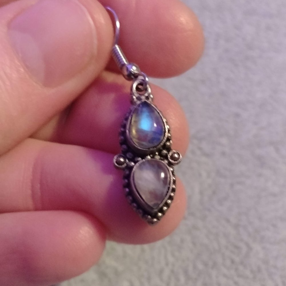 🌜Magical Moonstone! Silver Tone Double Tear Drop Bali Style Boho Hippie Witchy - Picture 2 of 5